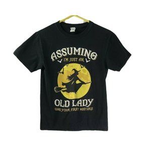 Halloween T Shirt Old Lady Witch Humor Adult Unisex Small Black and Yellow